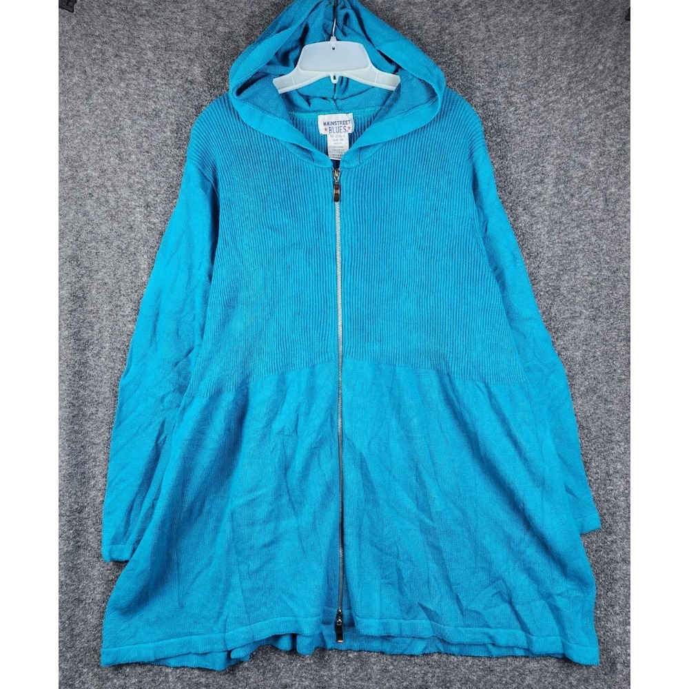 Mainstreet Blues Cardigan Women 3X Teal Zip Up Hooded Ramie Cotton Knit Sweater